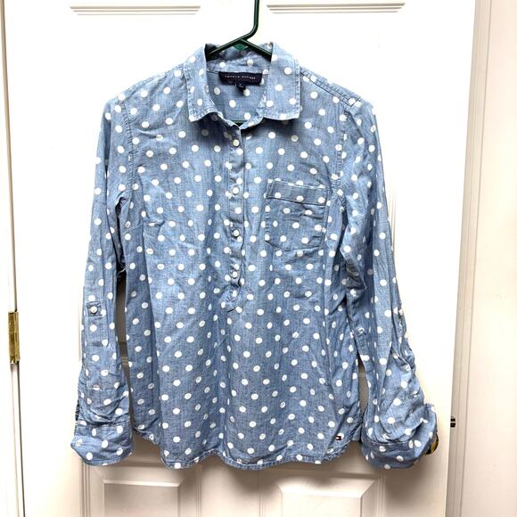 Tommy Hilfiger Blue 100% Cotton Chambray Blouse Button Up Tab Sleeve Womens M - Picture 1 of 7